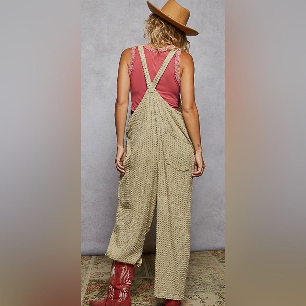 POL NWT SMALL Boho Waffle Knit Button Front Jumpsuit Khaki Sand - Picture 4 of 5